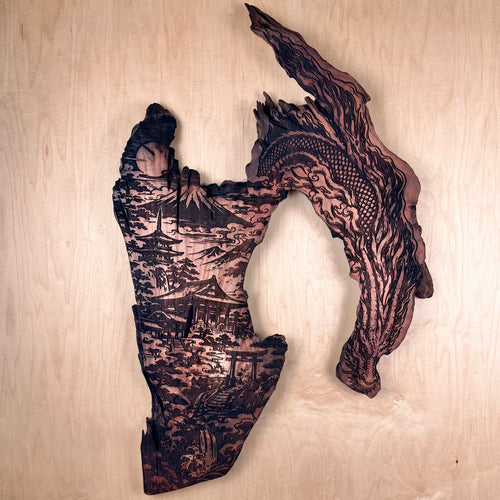 Natural wood wall art featuring a Japanese landscape scene with Mount Fuji, torii gates, and a dragon motif measures @ 18" x 29" engraved on California redwood.